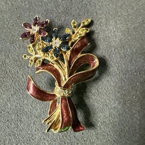 Vintage Monet Flower  Bouquet Brooch Multi Colored Crystals  Enamel Bow